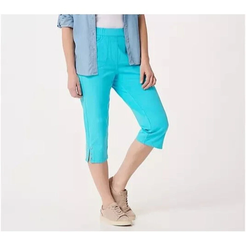 Womens Quacker Factory Dream Jeannes S Capri Turquoise Blue Pull On Pants Rhines - Picture 2 of 10